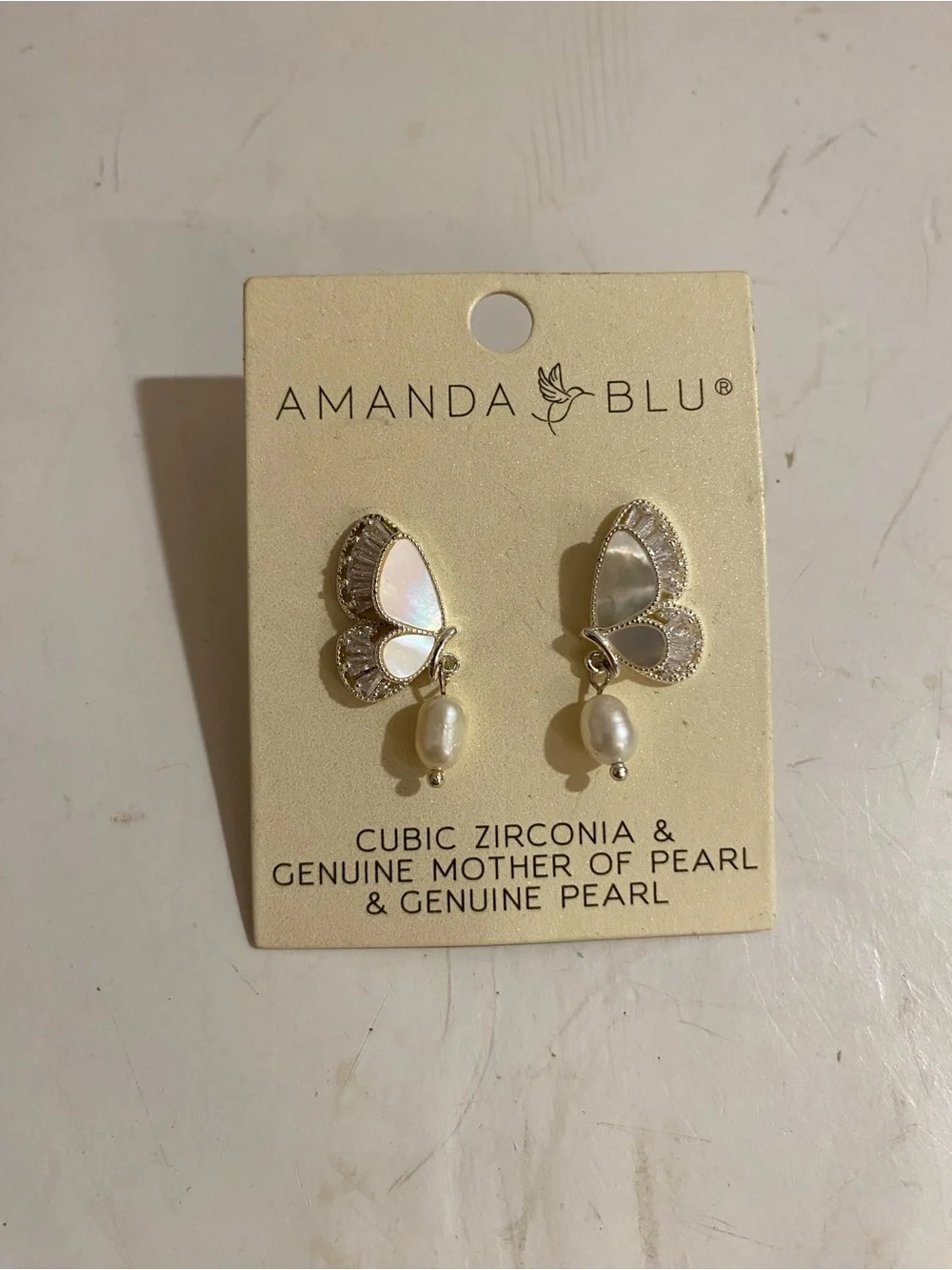 Amanda Blu Cubic Zirconia & Genuine Mother of Pearl Butterfly Post Earrings (RR) - Picture 4 of 7